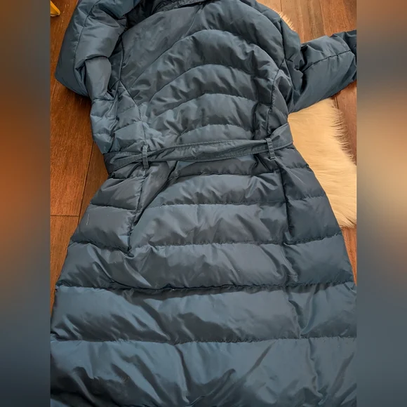 Lands' End Navy Blue Tie Waist Midi Puffer Coat Faux Fur LT Large Tall 14-16 - Picture 10 of 11